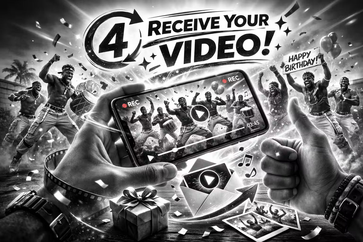 Step 4 — Receive Your Video. A large bold number “4” inside a circular arrow appears next to the headline “RECEIVE YOUR VIDEO.” In the center, two hands hold a smartphone displaying a birthday celebration video with energetic performers, drums, and a “Happy Birthday!” sign visible on screen. Confetti, music notes, and dynamic motion effects surround the phone, creating a sense of excitement and delivery. At the bottom, an open envelope with a glowing play button symbolizes email delivery, alongside a wrappe