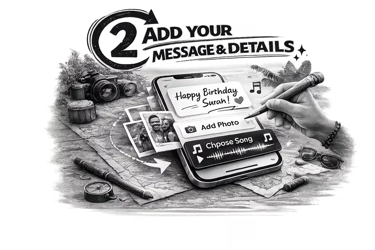 Step 2: Add custom birthday message, photo, and favorite music for your personalized African video greeting.