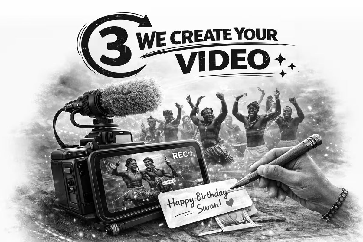 Step 3: Professional recording of your custom African video greeting with energetic dance performance and chalkboard message.